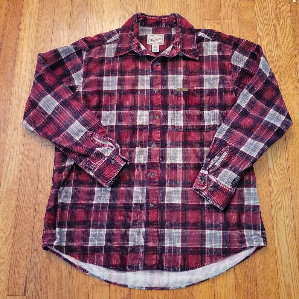 Woolrich L Wool Red Plaid Shirt Jacket Hunting Corduroy Cotton‎ Shacket 6049